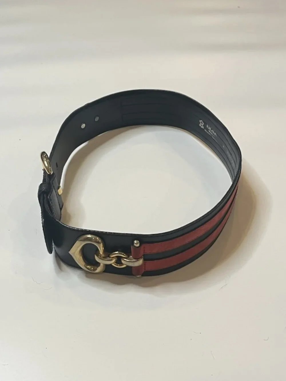Vtg Escada Western Germany Leather Belt Horsebit Gold Buckle Black Red 36